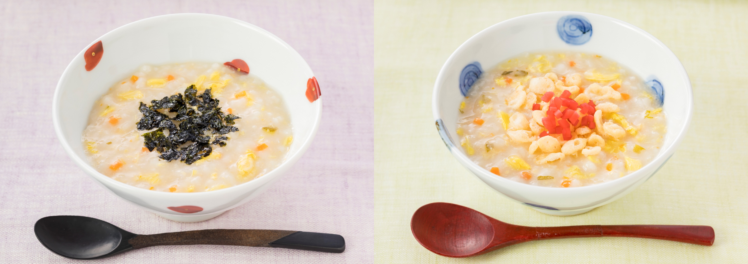 「たまごと鶏の雑炊」アレンジ例 ㊧韓国のり入り、㊨天かす入り