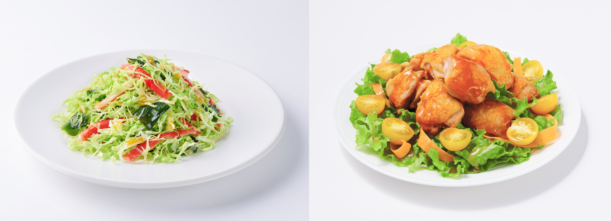 メニュー例：㊧キャベツとかにかまのあえサラダ、㊨チキンソテーサラダ