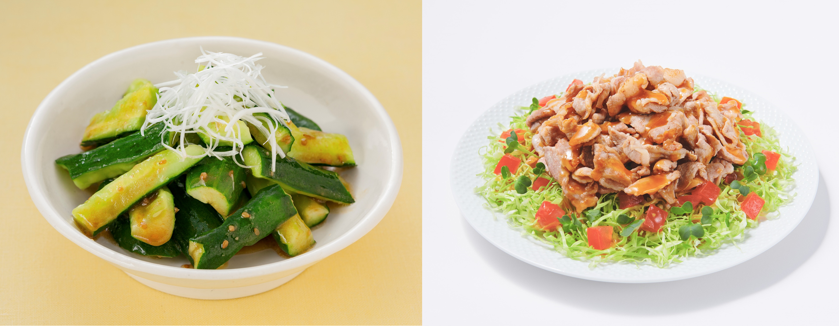 メニュー例：㊧ごま油香る たたききゅうり、㊨豚こまの焼肉サラダ