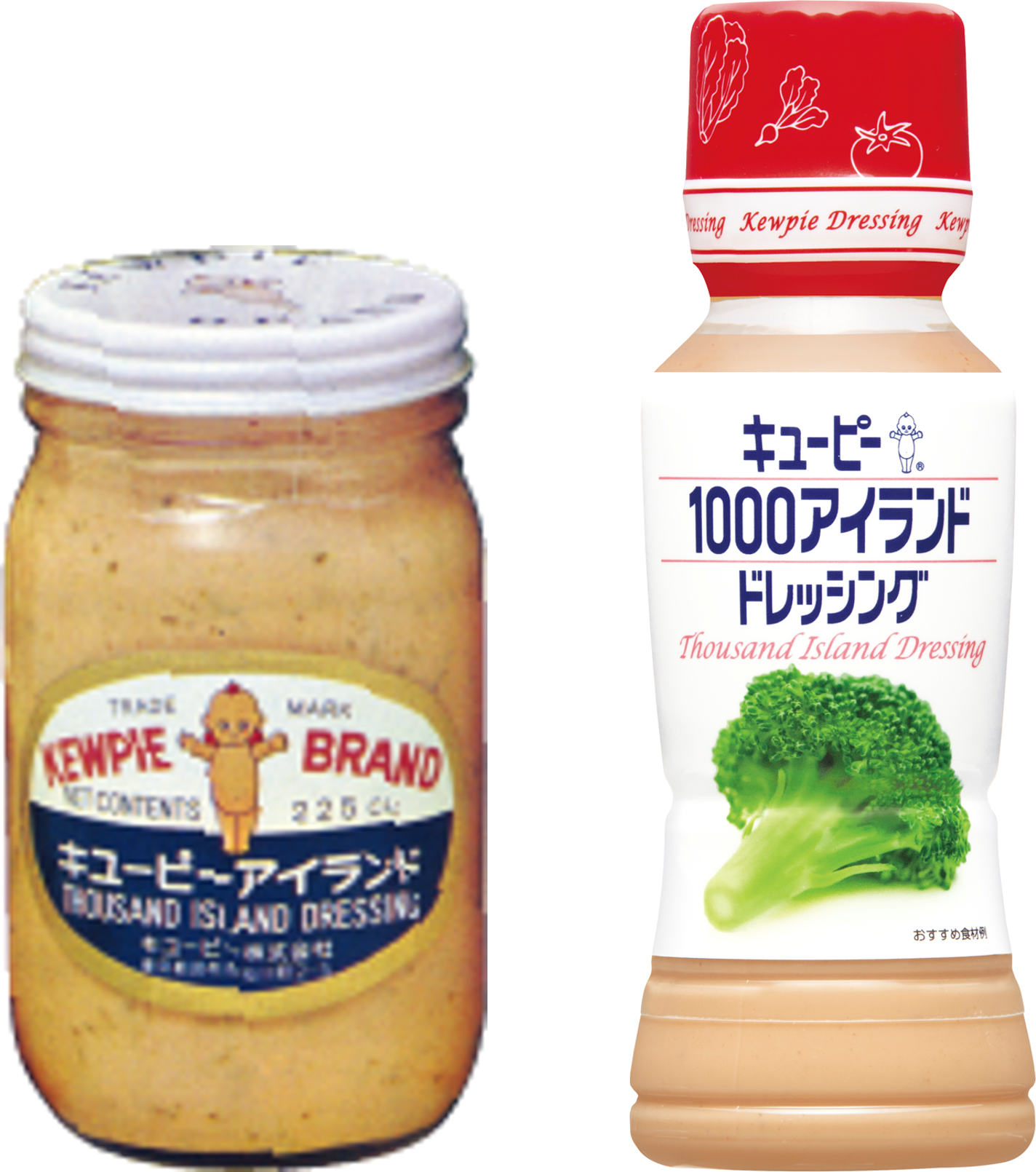 ㊧1963年「キユーピー サウザンアイランドドレッシング」／㊨現在の「キユーピー 1000アイランドドレッシング」