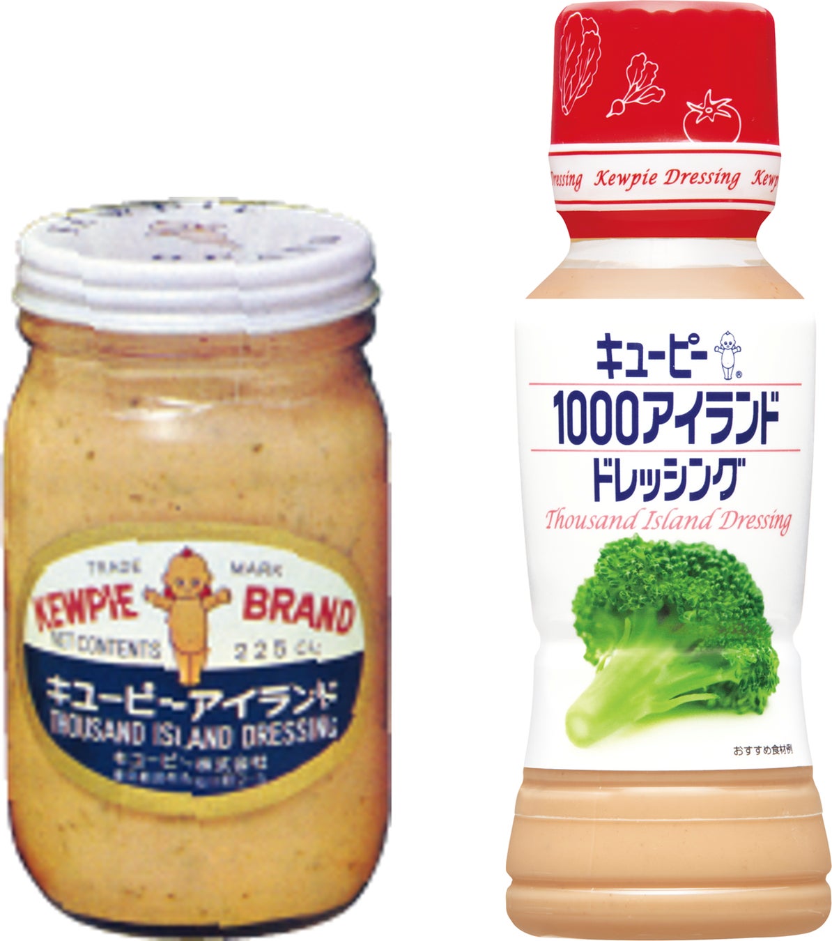 ㊧1963年「キユーピー サウザンアイランドドレッシング」/㊨現在の「キユーピー 1000アイランドドレッシング」