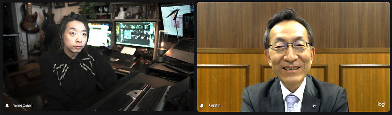 オンライン会談を行う大野総長と落合CEO