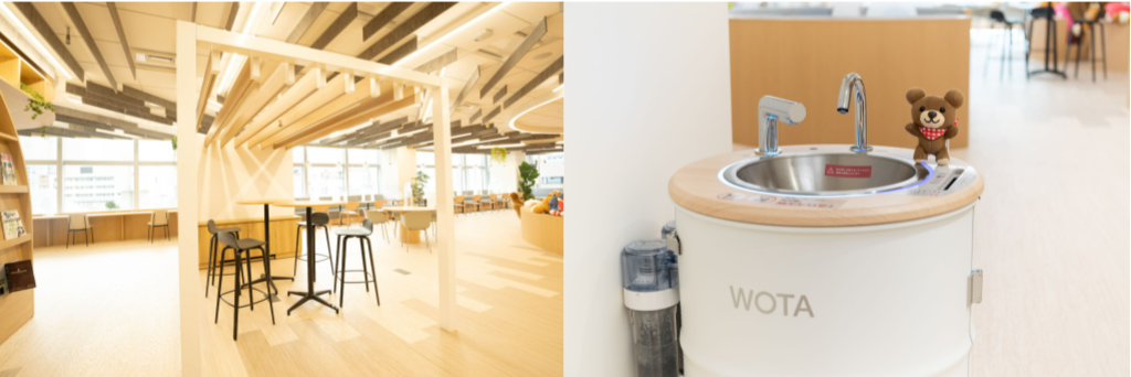 左：パナソニックの「エアリーソリューション」 右：水循環型ポータブル手洗い機「WOTA」