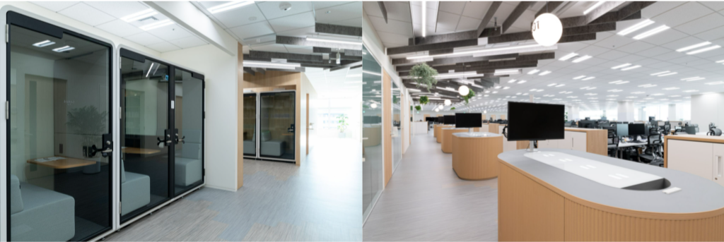 左：Web 会議等で使用する 1 人用の個室ブース（ワークポッド）を 増設 右：床材や什器に抗ウイルス天然素材のリノリウムを採用