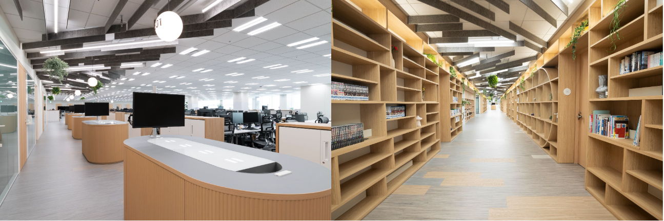 床材や什器には地球環境にやさしい天然素材「リノリウム」を使用