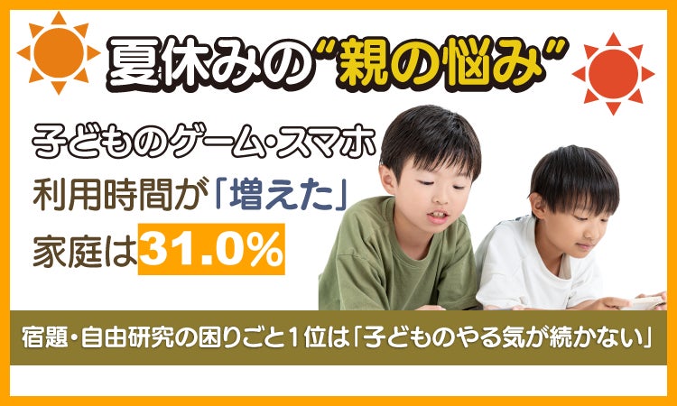 夏休み!ゲーム・スマホ時間増、やる気減…親の悩みTOP3は? 夏休み!ゲーム・スマホ時間増、やる気減…親の悩みTOP3は?