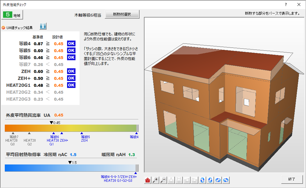 平面図の段階でどのような省エネ等級を満たしているかやUA値なども事前チェックできることで、スムーズな省エネ設計フローを実現。