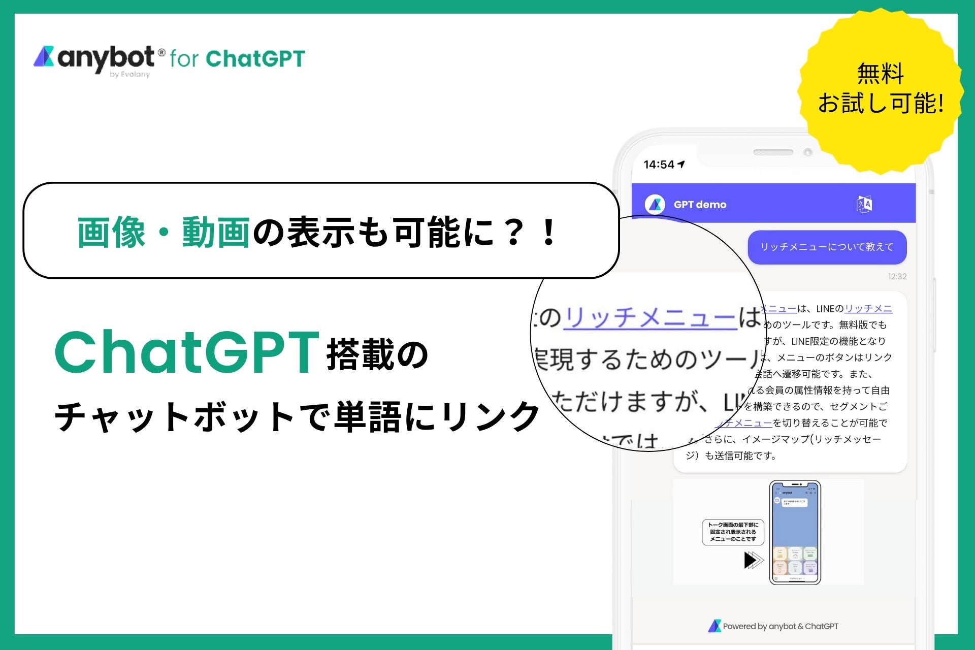 ChatGPT搭載のチャットボット「anybot」が画像・動画表示に対応！自社データも学習可能で無料お試し中！