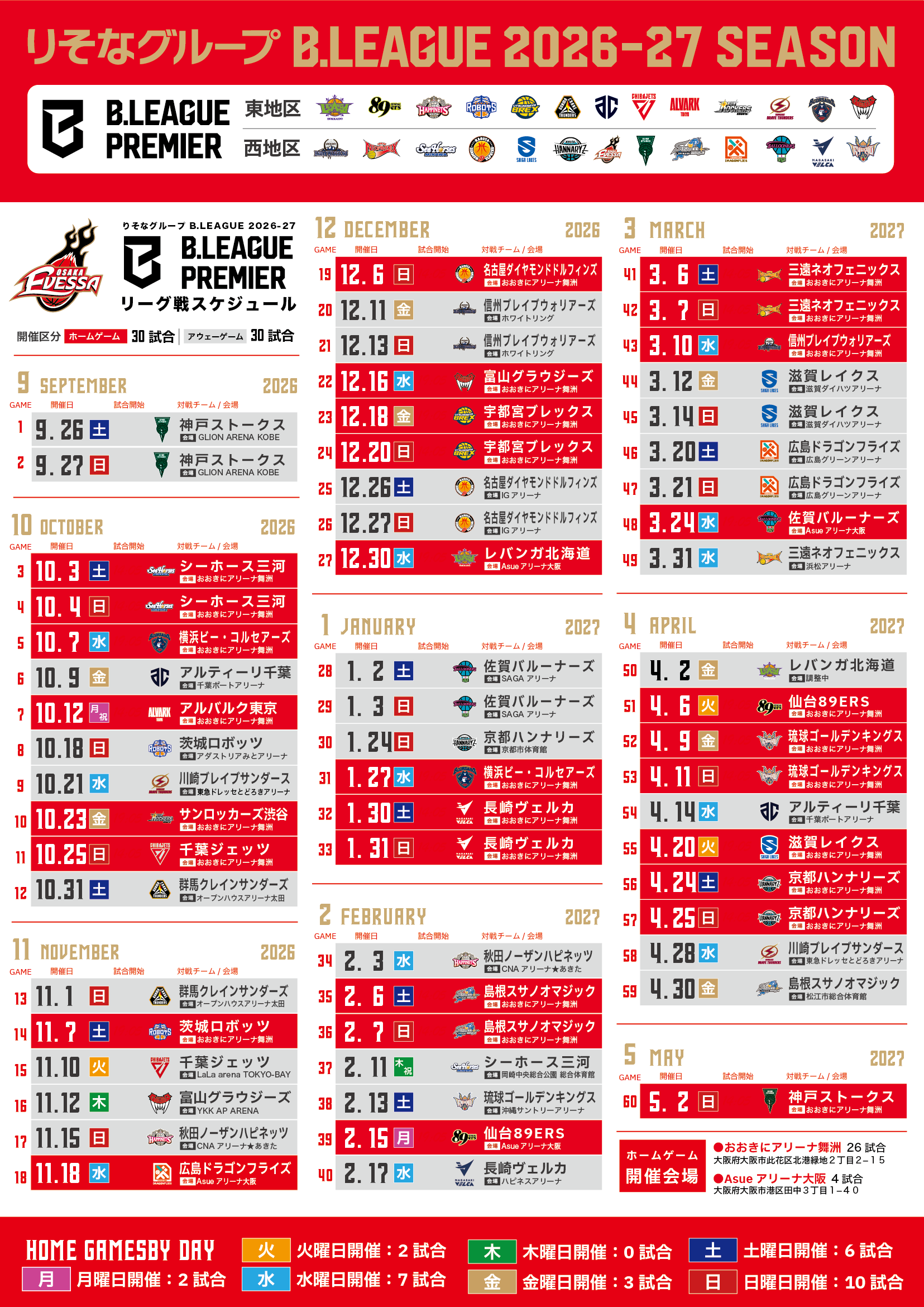 【大阪エヴェッサ】りそなグループ B.LEAGUE 2026-27 SEASON ホーム開幕戦および全日程決定