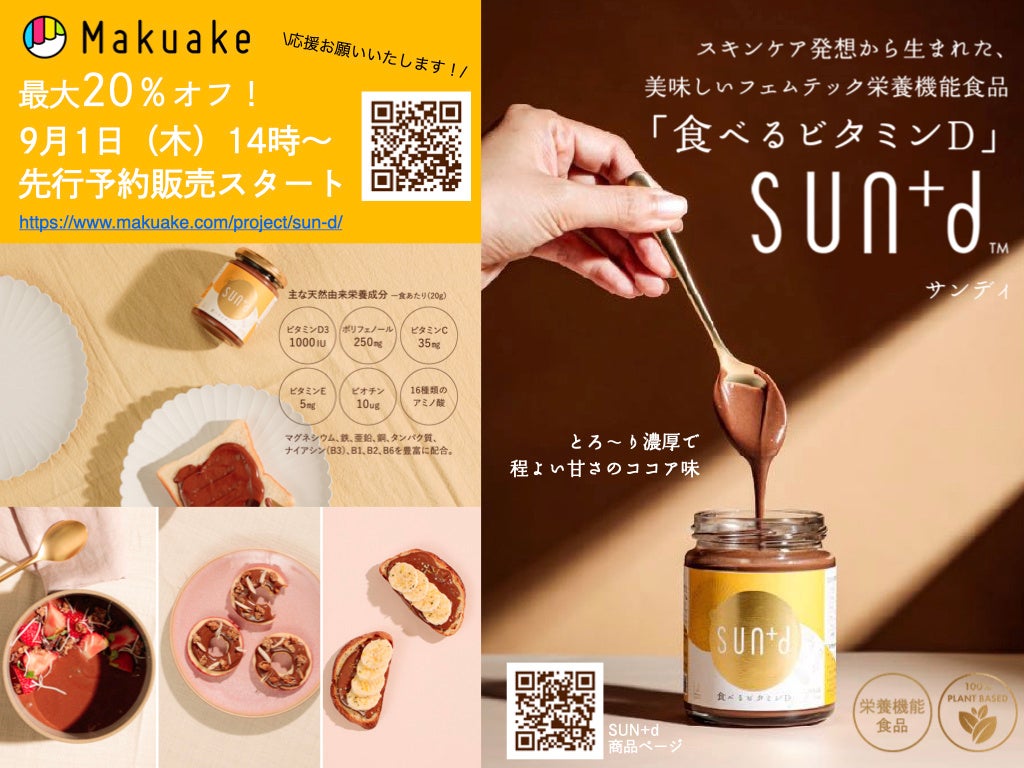 マクアケ公開初日3時間半で100万円越えの大注目、新商品 フェムテック栄養機能食品「食べるビタミンD」SUN+d（サンディ）