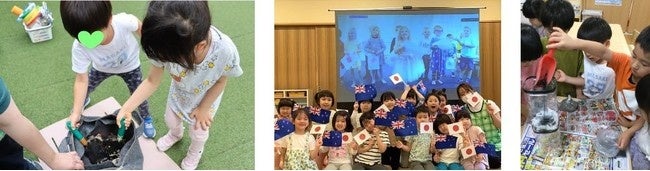 （左から）コンポストの様子・オンラインで国際交流・水のろ過実験