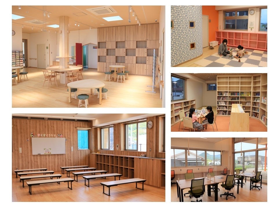 （左上から時計回りに）ホール、遊戯室、図書室、ワークルーム、学習室(放課後児童クラブ専用)