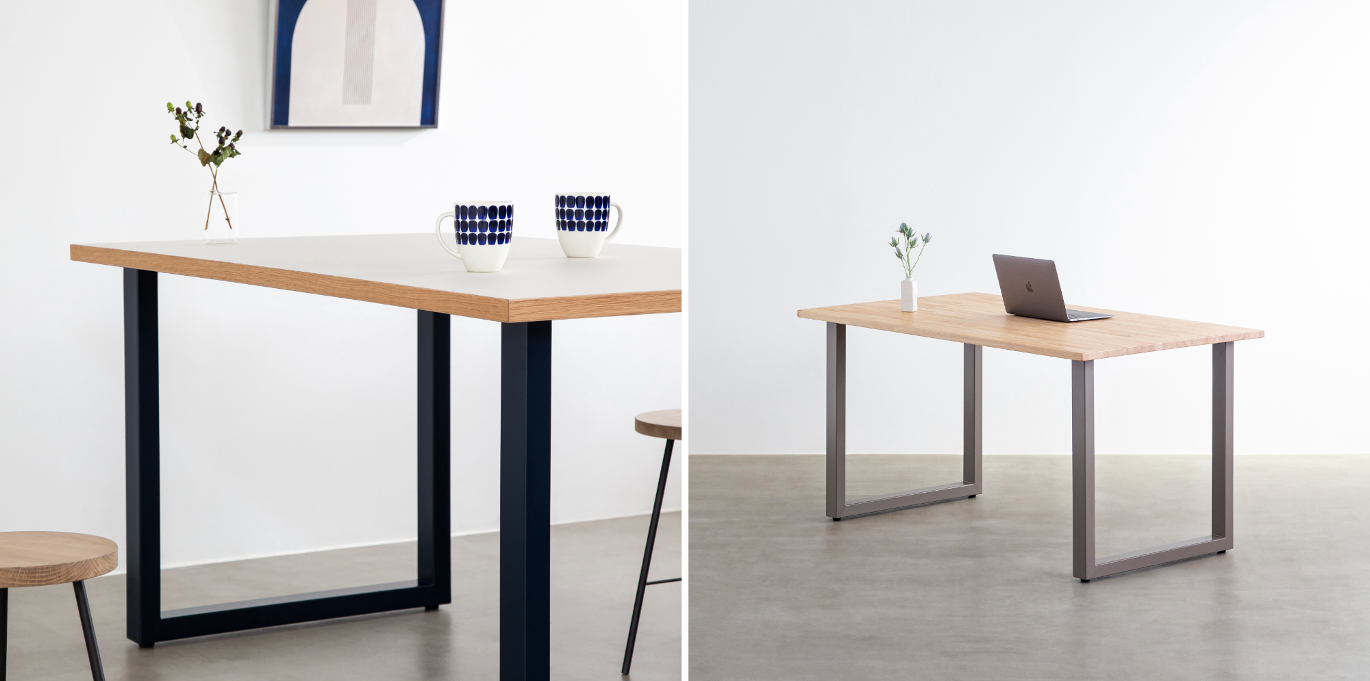 左：リノリウム Mushroom× Mineral Blue、右：ラバーウッドN × Stone