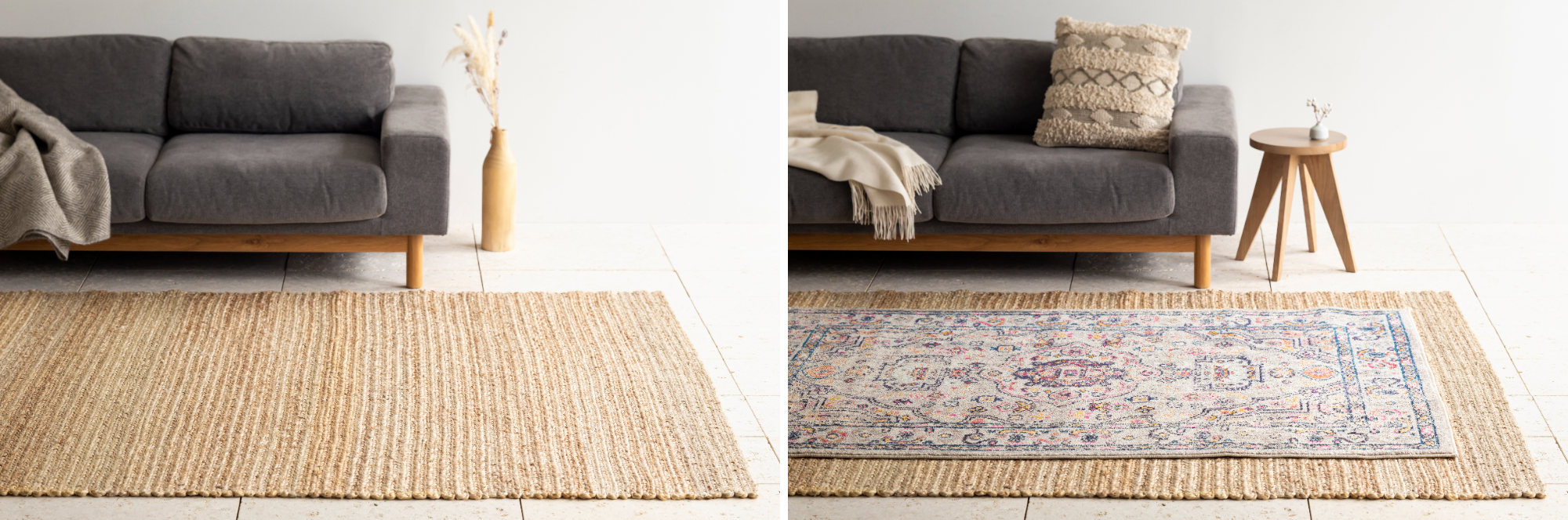 左：ジュートラグを1枚で使用し、自然素材でまとめたコーディネート 右：暖色系のボタニカルデザインのラグを重ねた上品なコーディネート