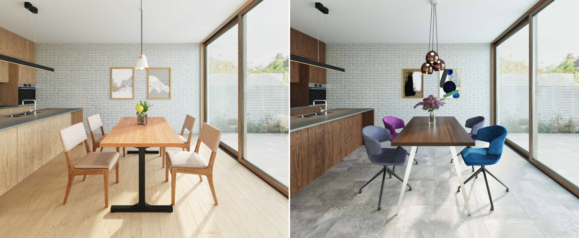 左：THE TABLE 突板 ブラックチェリー × Black Steel I type、右：THE TABLE 突板 ウォルナット × Stainless Pin