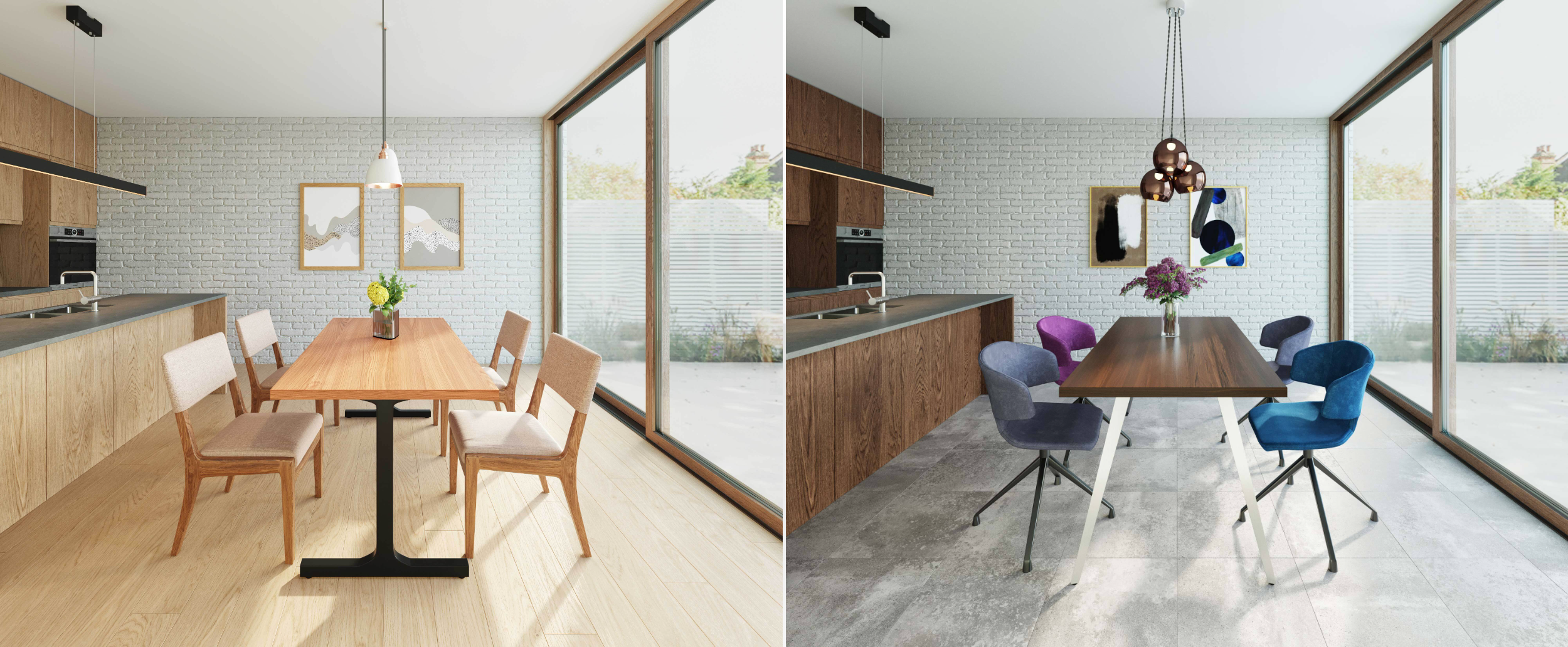 左：THE TABLE 突板 ブラックチェリー × Black Steel I type、右：THE TABLE 突板 ウォルナット × Stainless Pin