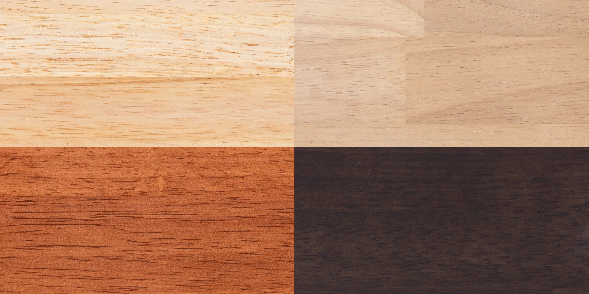 左上からラバーウッドN（ナチュラル）、ラバーウッドA（アッシュ）、ラバーウッドT（チークブラウン）、ラバーウッドB（ブラックブラウン）