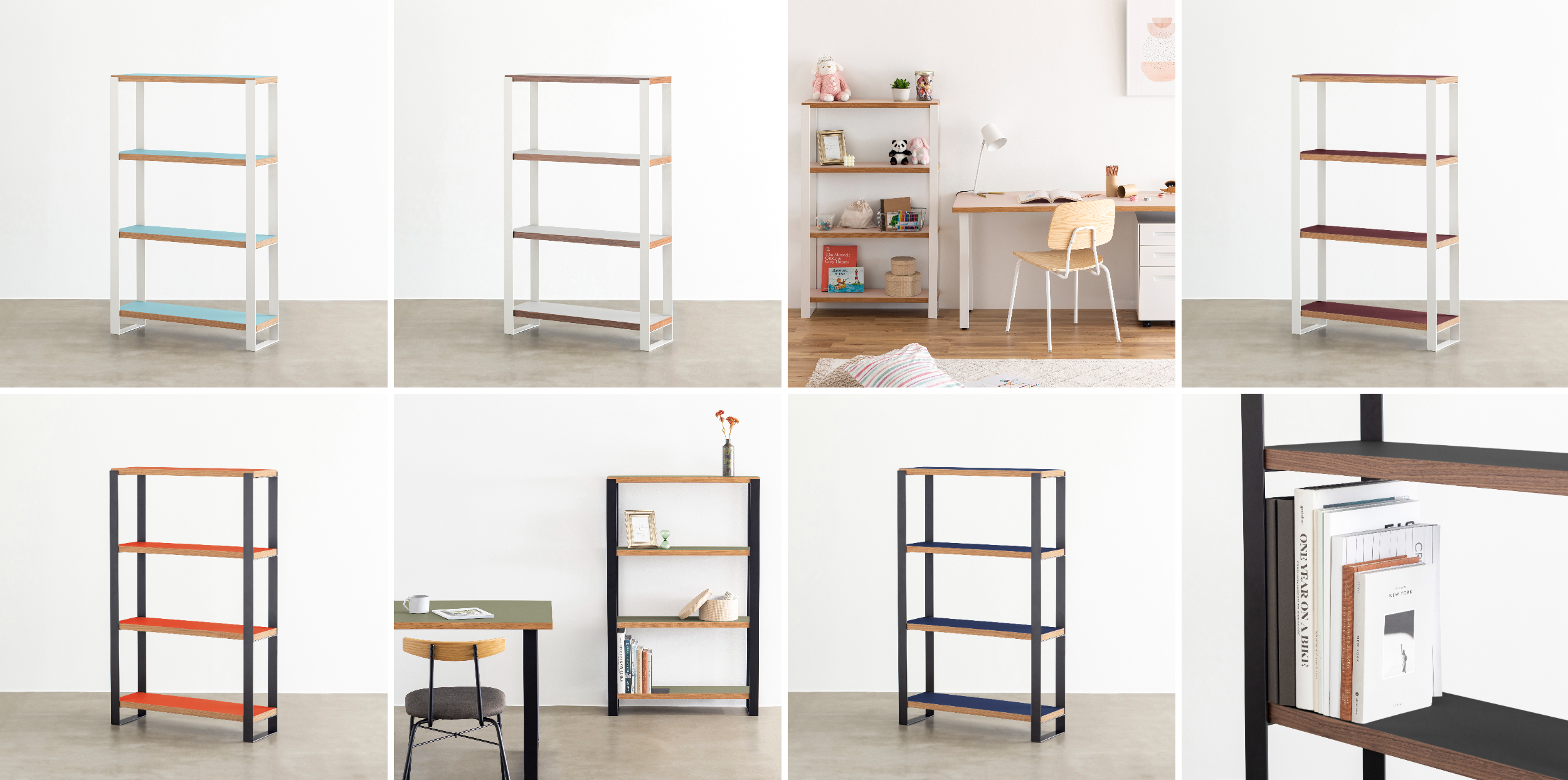 左上から　Aquavert, Vapour, Powder, Burgundy, Orange blast, Olive, Midnight blue, Nero