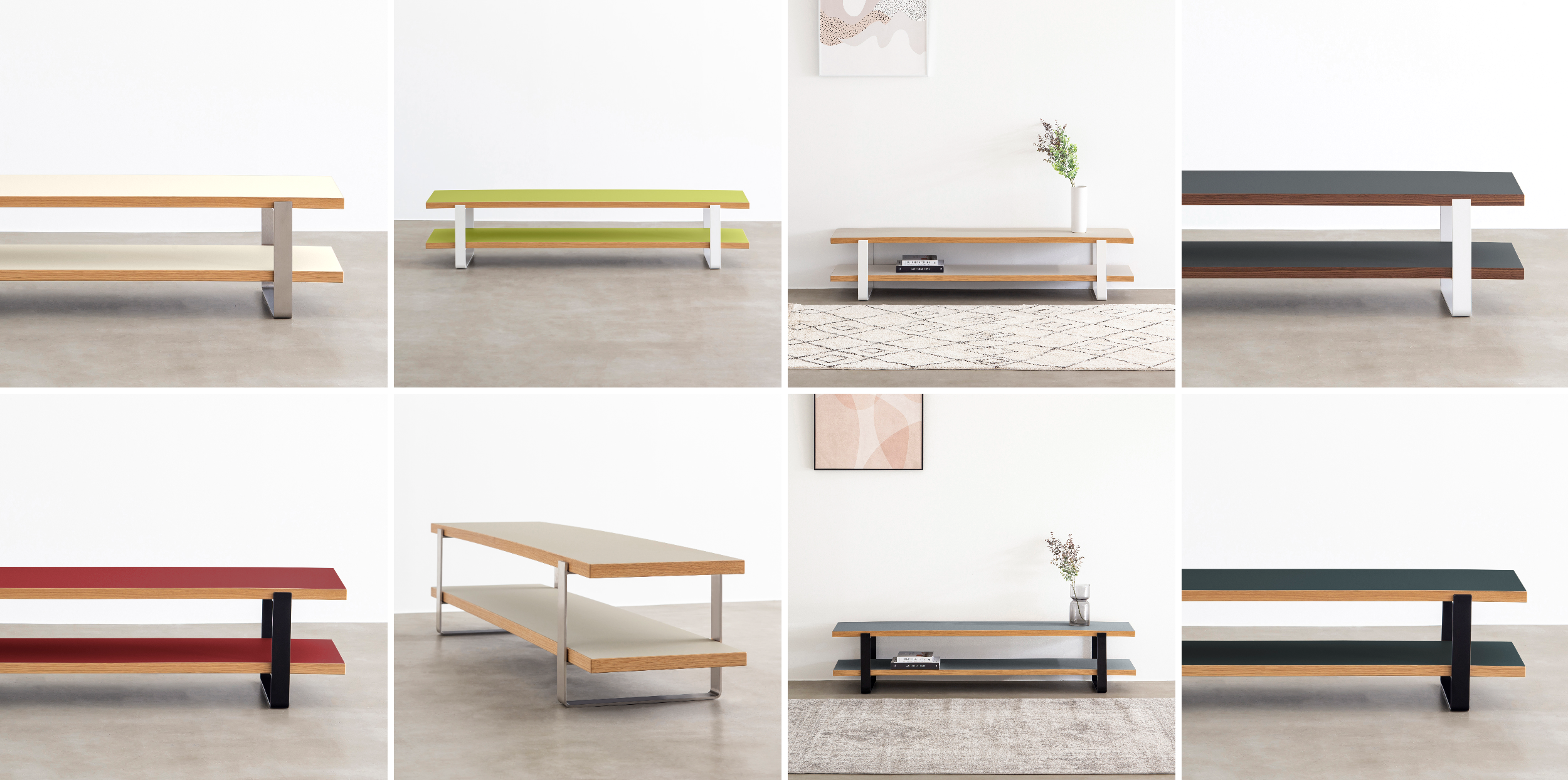 左上から　Pearl,&nbsp;  Spring green, Mushroom, Pewter, Salsa, Pebble, Ash, Conifer