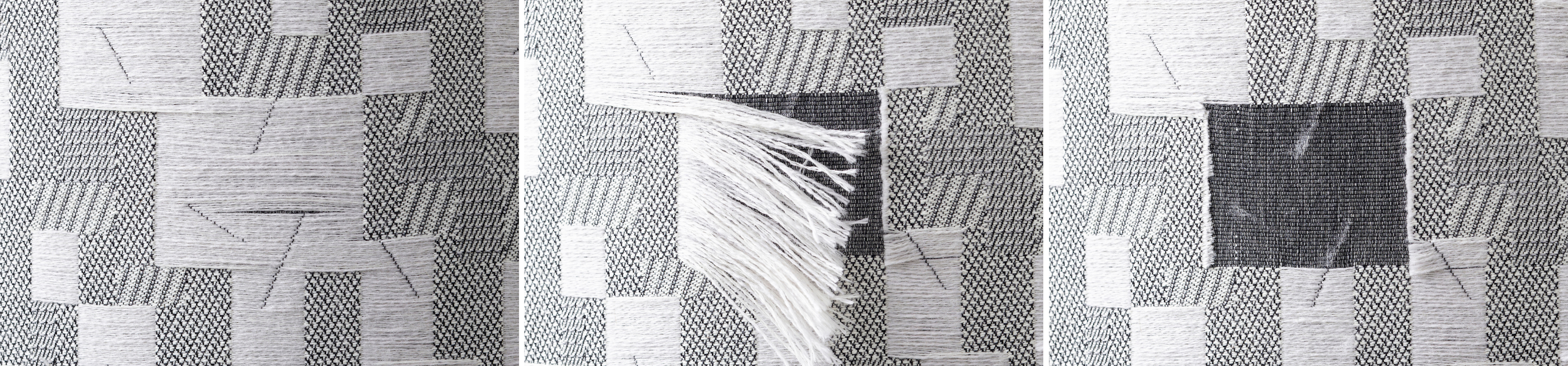 左から　新品の生地、糸の端を切って仕上げた生地、全ての糸を切り落として仕上げた生地