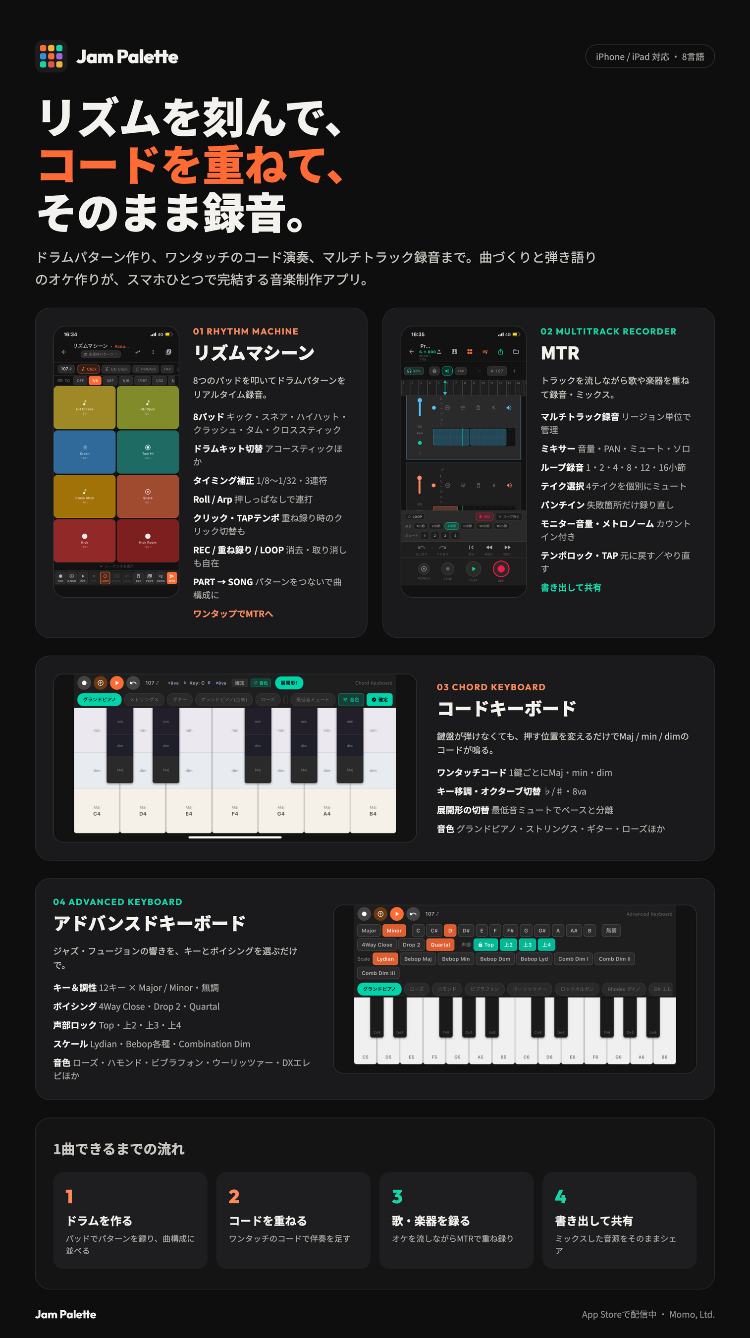 スマホ1台で「音楽を作り・楽器を重ね弾きし・書き出す」が完結する音楽制作アプリ「Jam Palette」iOS版をリリースしました
