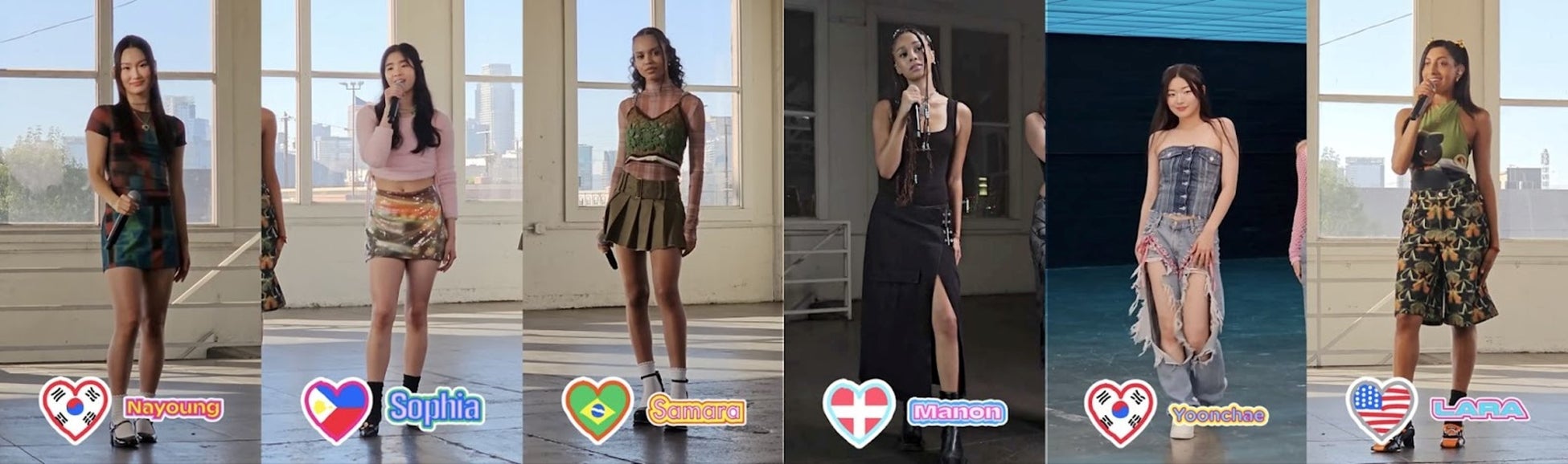 ミッション1投票の中間集計結果でトップ6にランクした練習生たち。左からナヨン(韓国)、ソフィア(フィリピン)、サマラ(ブラジル)、マノン(スイス)、ユンチェ(韓国)、ララ(米国)。