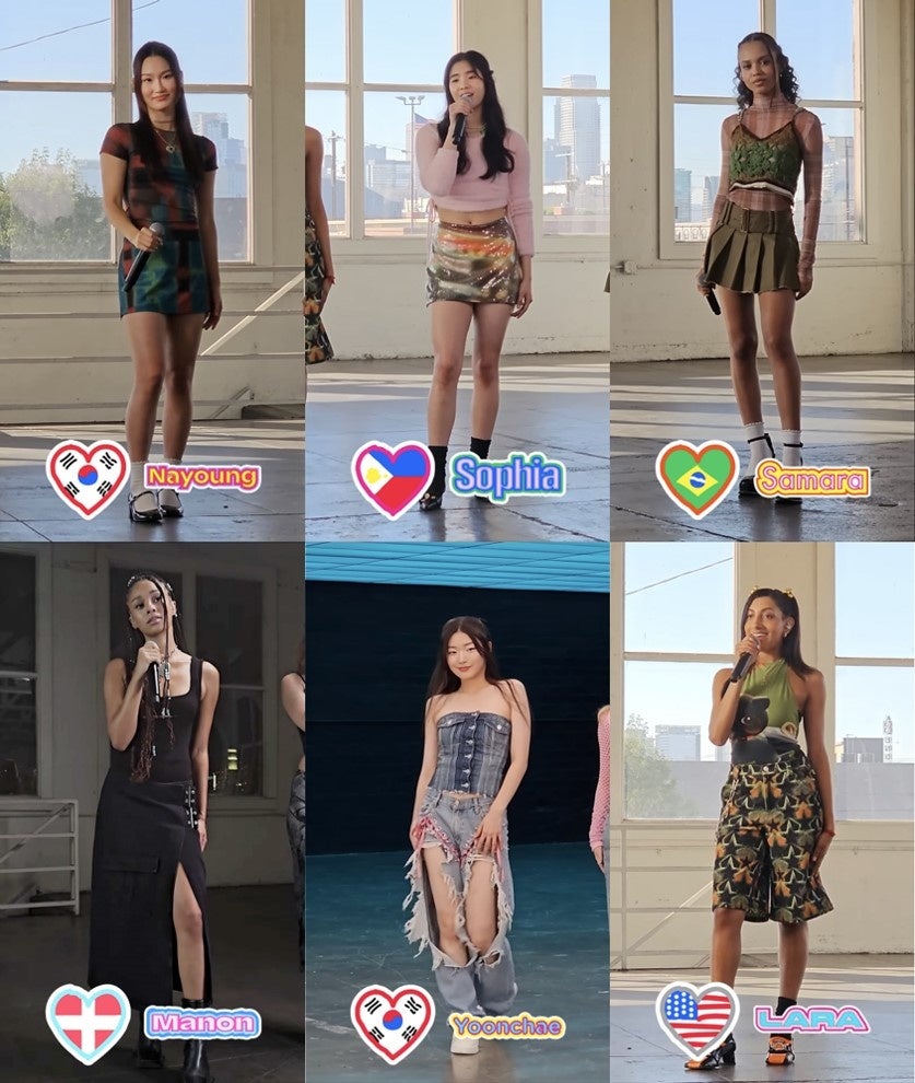 ミッション1投票の中間集計結果でトップ6にランクした練習生たち。左からナヨン（韓国）、ソフィア（フィリピン）、サマラ（ブラジル）、マノン（スイス）、ユンチェ（韓国）、ララ（米国）。