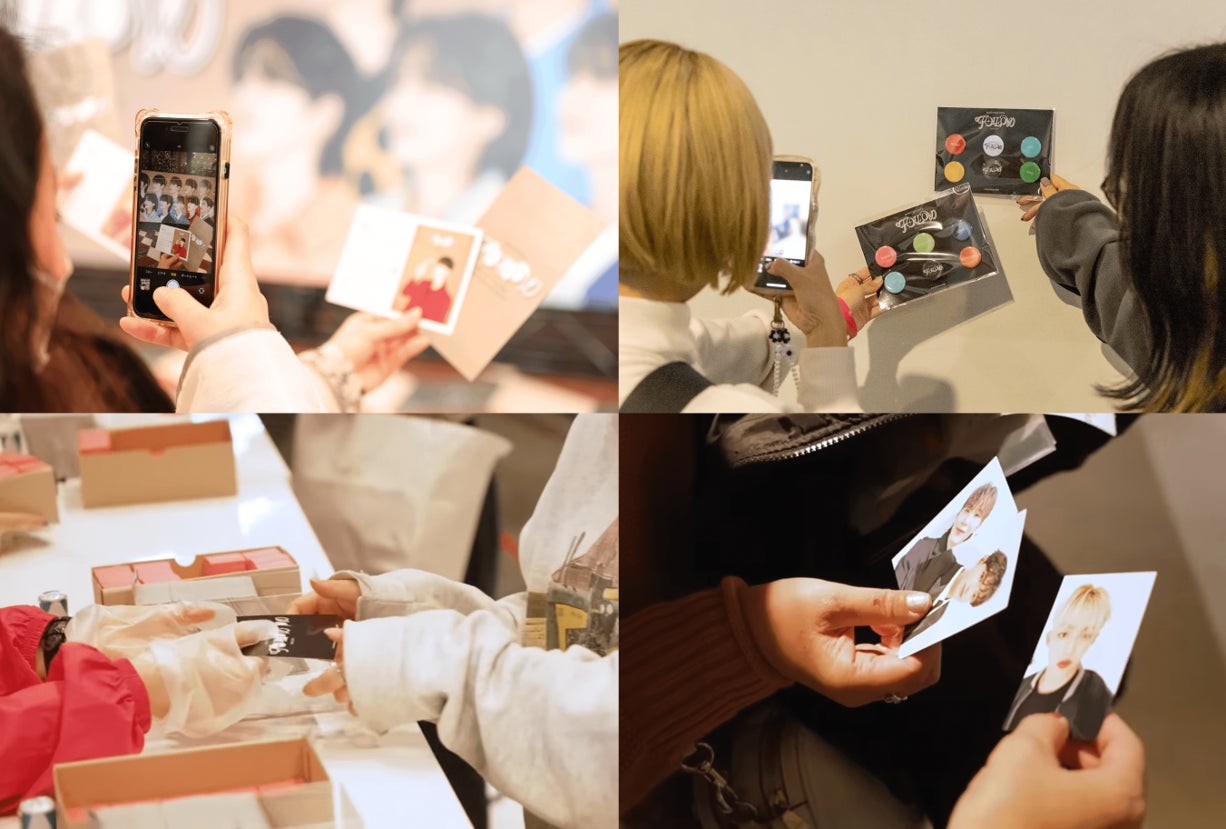 (上)オリジナル乗車券や特典を撮影するファンの様子、(下)デジタルスタンプラリーの特典引換所の様子