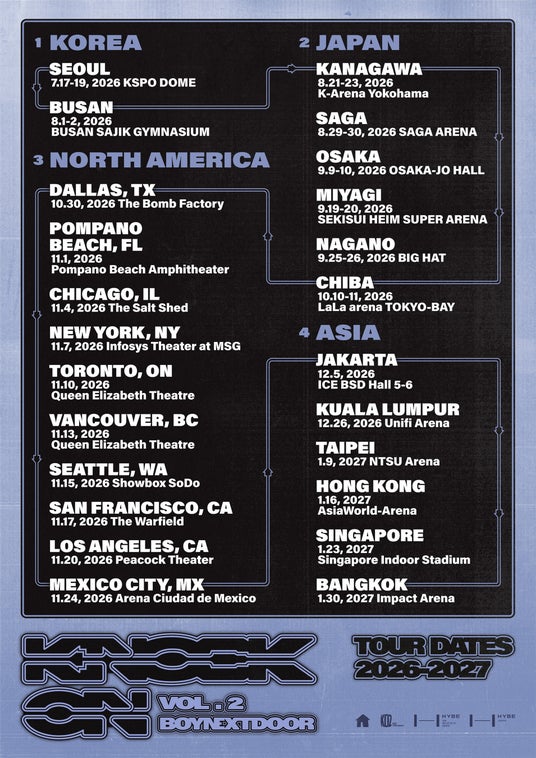 6人組ボーイグループ BOYNEXTDOOR初ワールドツアー 日本公演『BOYNEXTDOOR TOUR ‘KNOCK ON Vol.2’ IN JAPAN』詳細公開~6都市13公演で開催! 6人組ボーイグループ BOYNEXTDOOR初ワールドツアー 日本公演『BOYNEXTDOOR TOUR ‘KNOCK ON Vol.2’ IN JAPAN』詳細公開~6都市13公演で開催!
