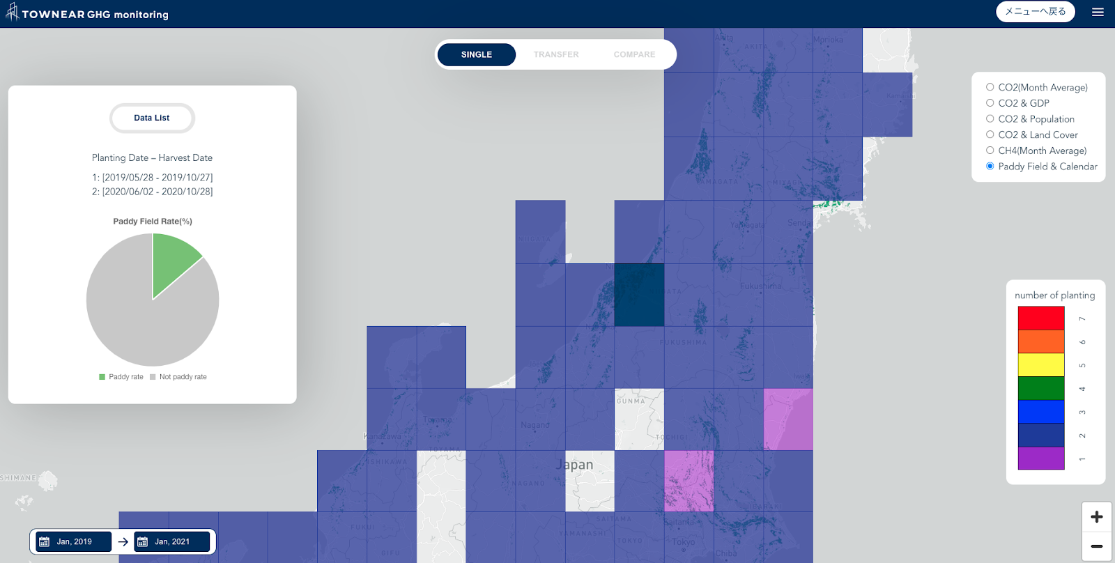 本研究で作成した稲作カレンダー （画面左上部は作付け期間のリスト、円グラフはメッシュ内の水田割合、メッシュ上の色は作付け回数を示す）