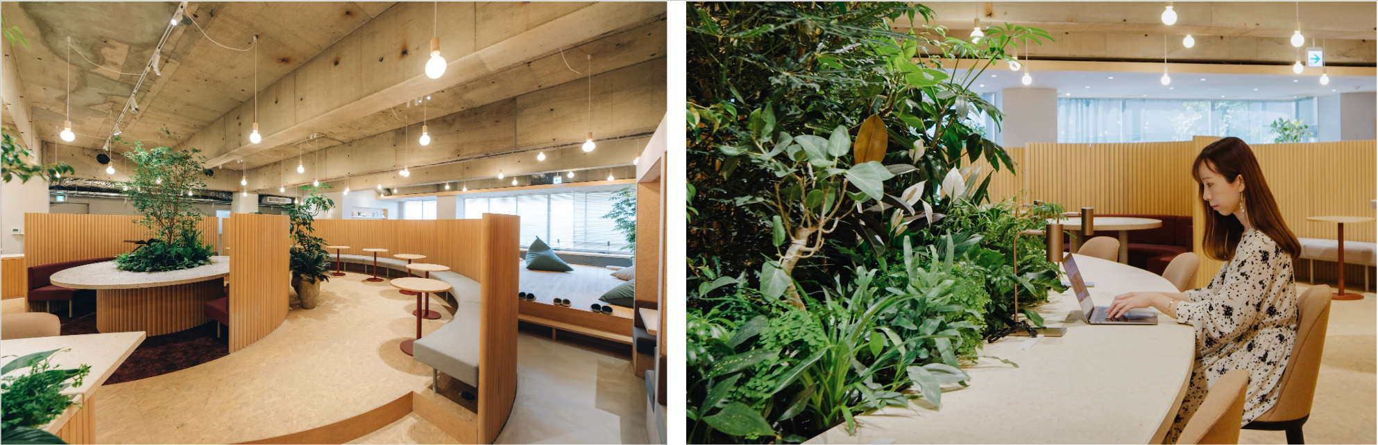 （左）緩やかにゾーニングした開放的なワークラウンジ （右）座席は自由に選べるフリーアドレス制
