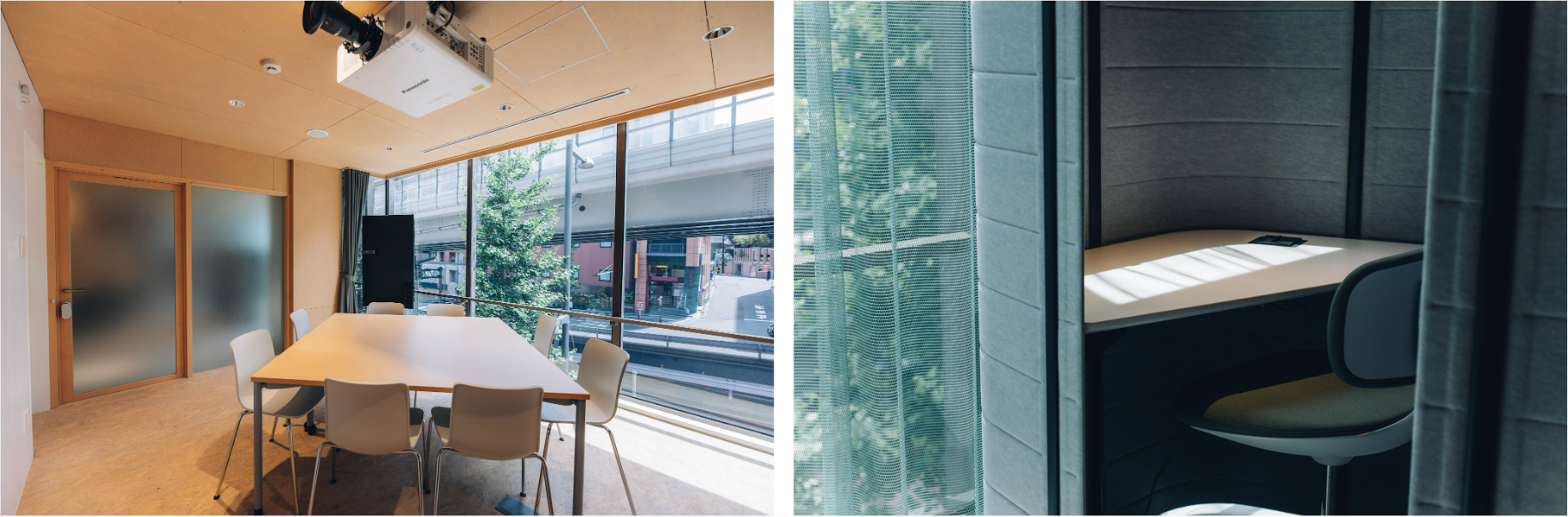 （左）大きな窓からたっぷり自然光が入る会議室（右）完全個室型のフォンブース