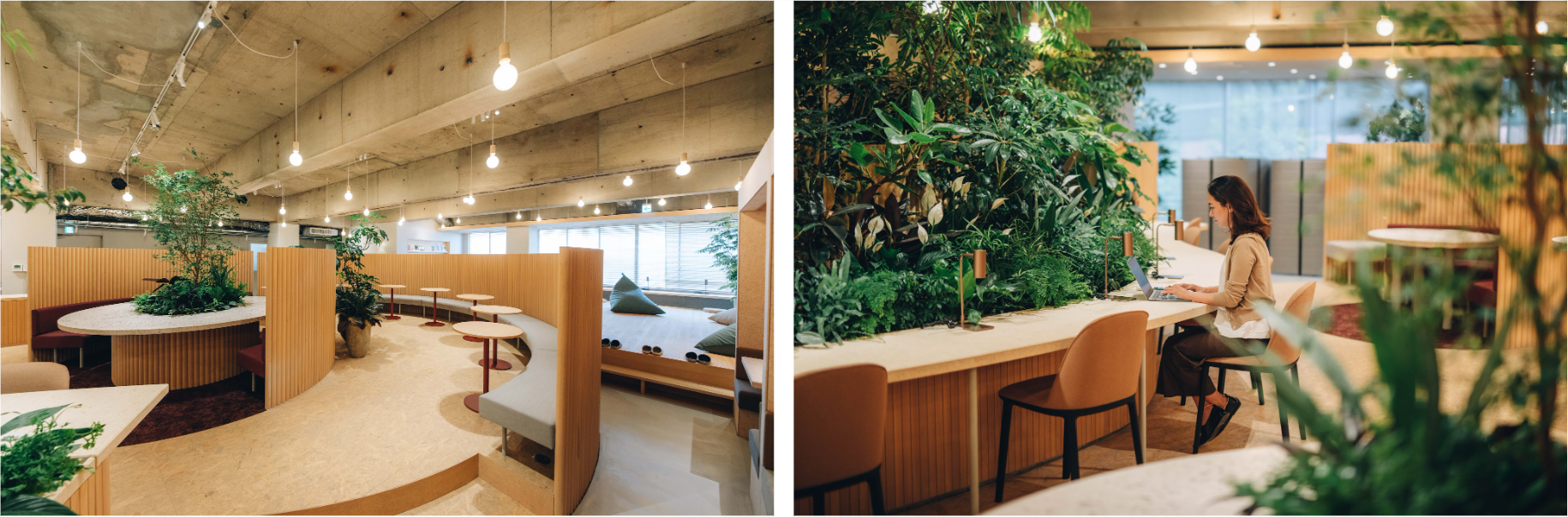 （左）緩やかにゾーニングした開放的なワークラウンジ （右）座席は自由に選べるフリーアドレス制