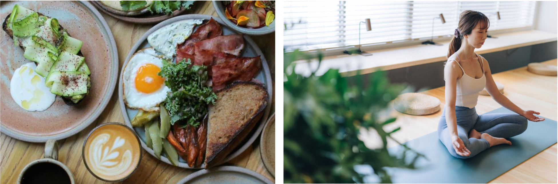 （左）季節の食材を生かしたCommonのフード＆ドリンク （右）心地よく身体を動かすヨガを開催