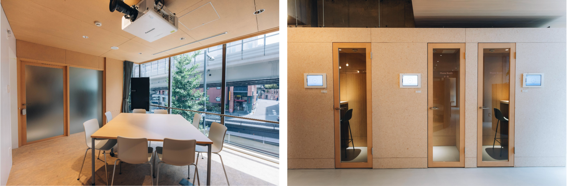 （左）大きな窓からたっぷり自然光が入る会議室（右）オンライン会議や通話時に人気のフォンブース