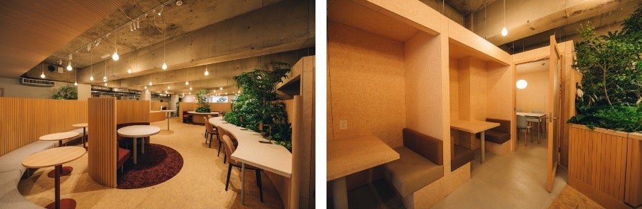 ワンフロア約300㎡を木製パーテーションで緩やかにゾーニングし、さまざまなスペース・ブースを配置。利用者一人ひとりがその日の気分で居心地よく働ける場所を選ぶことができます。