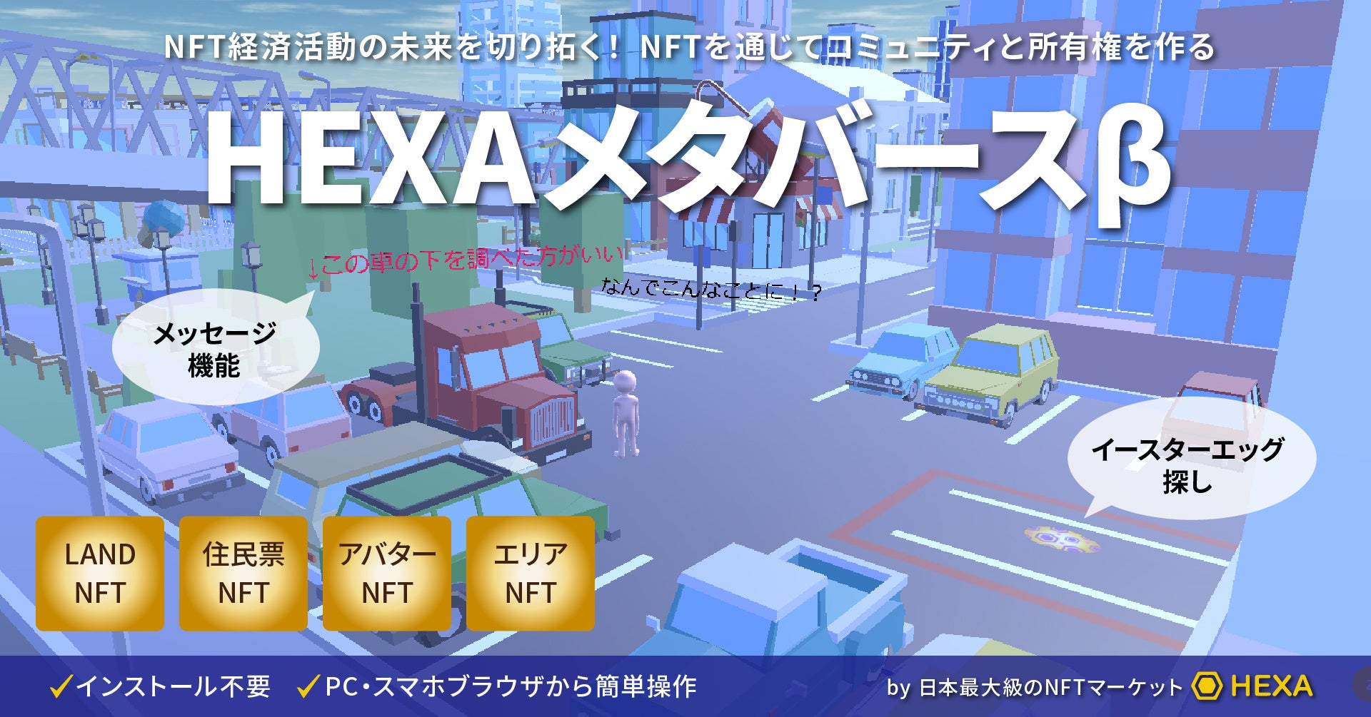 「HEXAメタバースβ版リリース!NFT経済活動の未来を拓く!イースターエッグ探しで100万円分のNFT購入チケットが当たる!」 「HEXAメタバースβ版リリース!NFT経済活動の未来を拓く!イースターエッグ探しで100万円分のNFT購入チケットが当たる!」