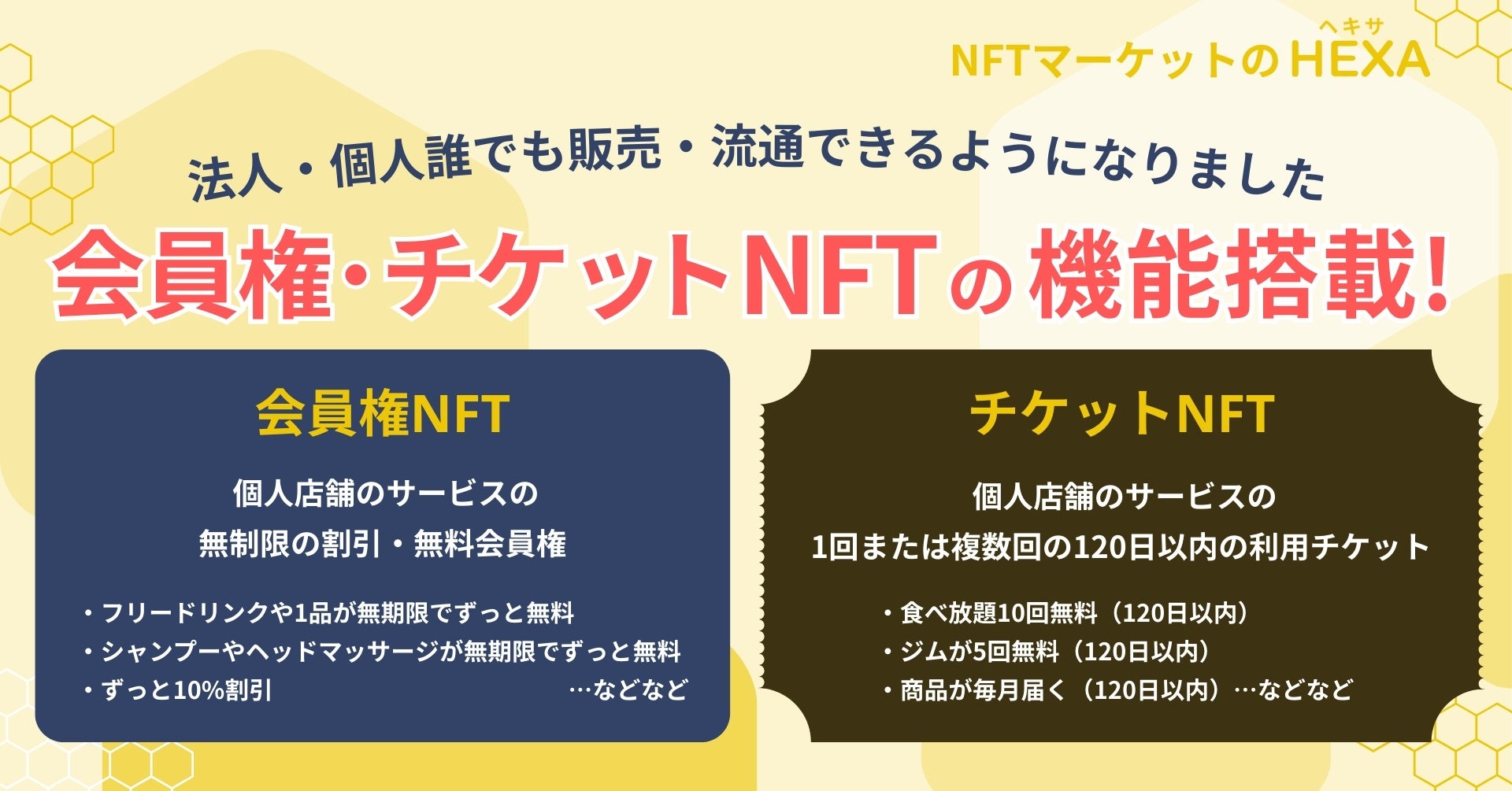 個人・法人誰もが店舗や商品・サービスなどの会員権やチケットをNFT化して販売・流通できる機能を搭載!NFTマーケットのHEXA(ヘキサ)