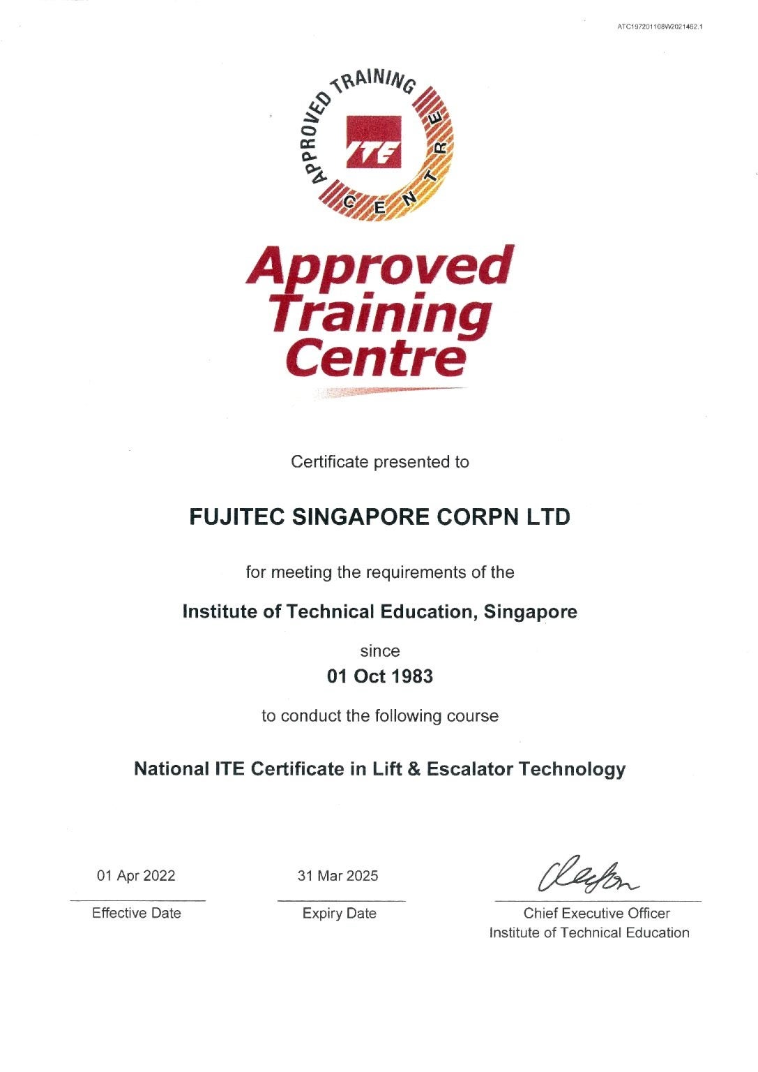 国が定めたトレーニングセンターであることを示す National Institute of Technical Certificateの認定書