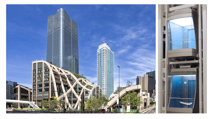 「麻布台ヒルズ」外観とダブルデッキエレベータのイメージ