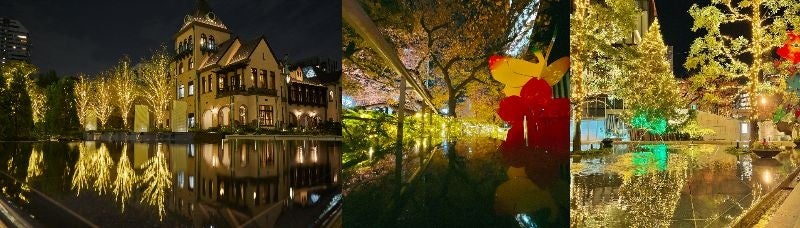 左：赤坂プリンス クラシックハウス イルミネーション（過去開催の様子）　中央・右：館内各所もシャンパンゴールドに（過去開催の様子）