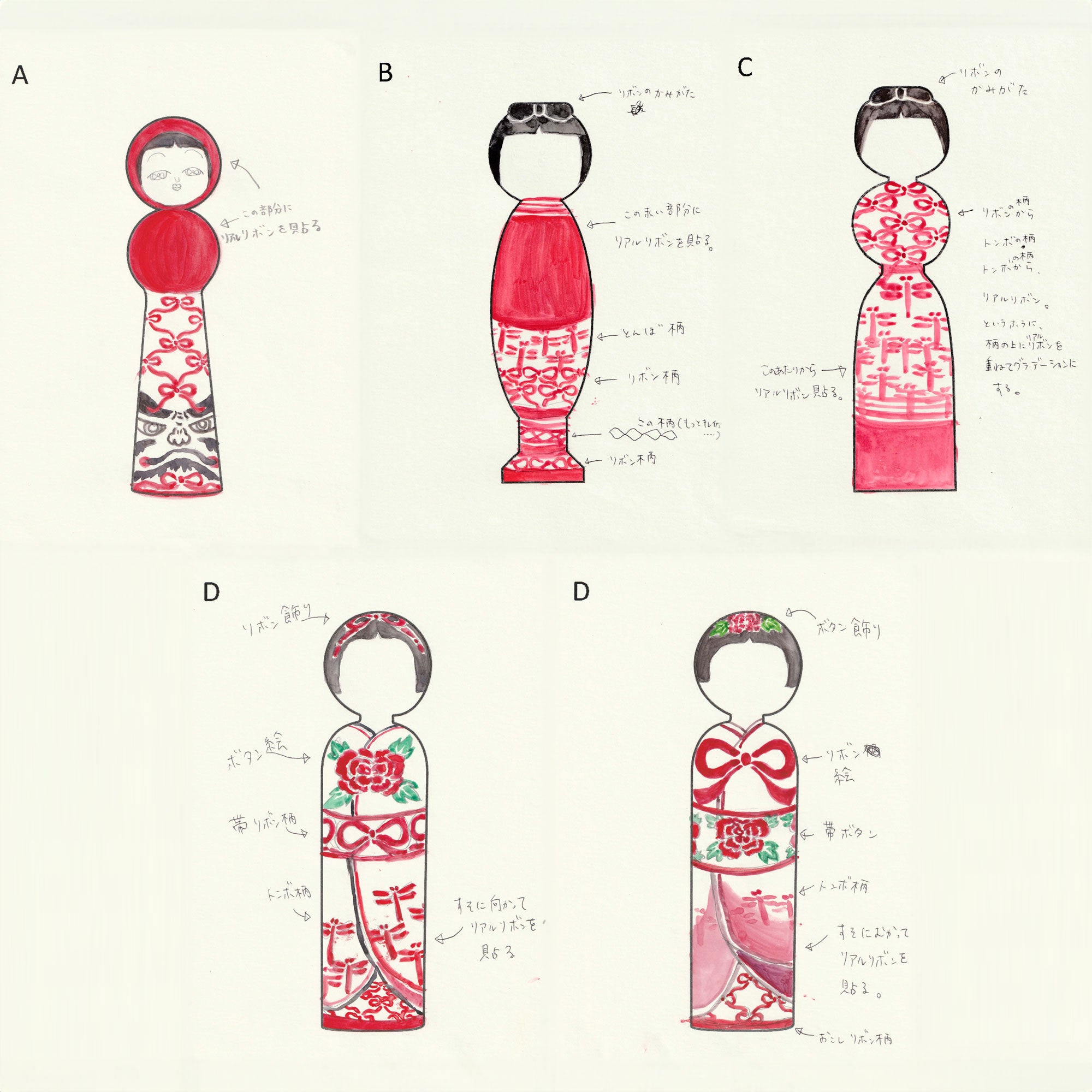 ↑のんが描いた「こけし灯篭」×「Ribbonアート」のデザイン画