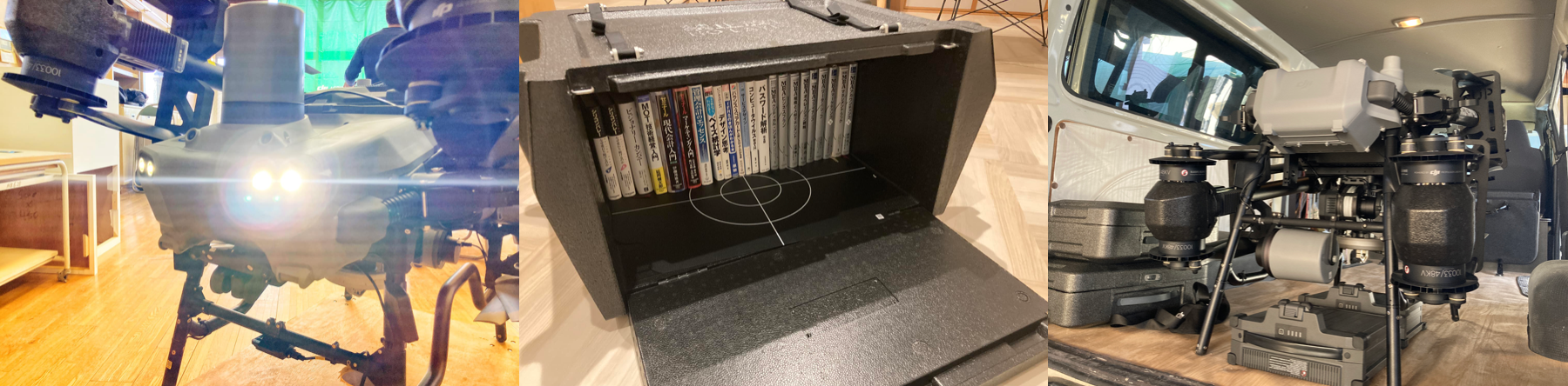 左)ライト点灯時、中)配送BOXは70L、右)ワゴン車の荷台に積載可なサイズ