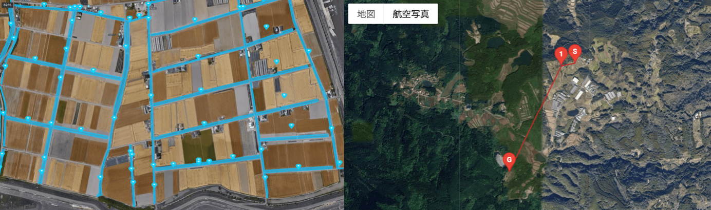 当社空路管理システムによる、左)小城市芦刈地区の空路、右)多久市西多久の空路