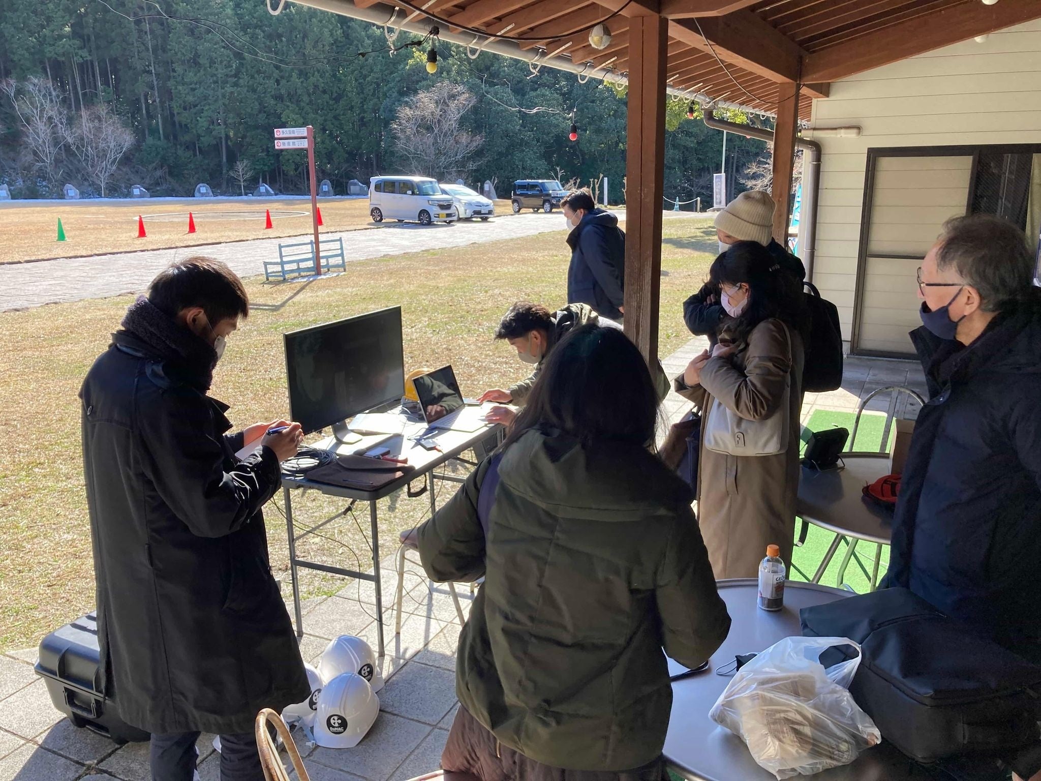 朋来庵でのドローン配送視察