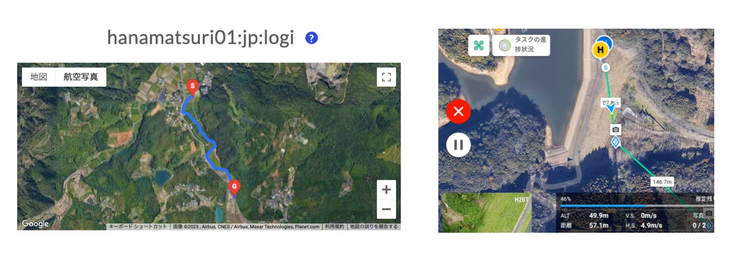 (左)スカイドメイン (右)空路データを用いたドローン運行