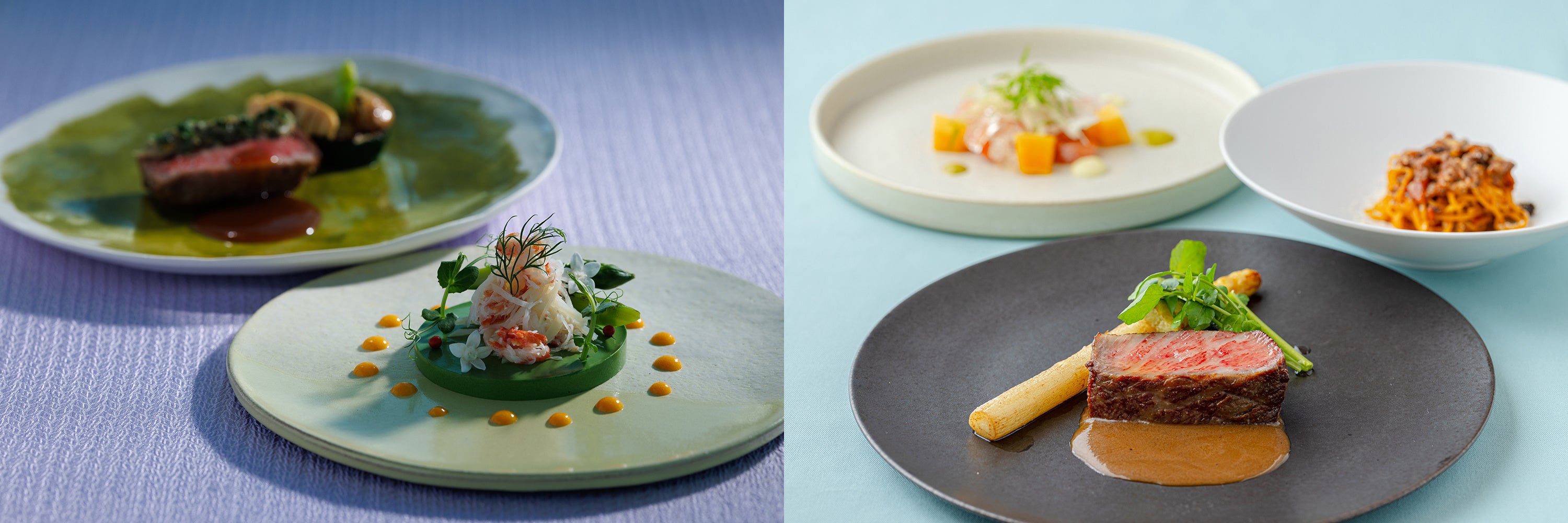 初夏のディナーコース（左上より時計回り：ザ・ゲートホテル東京 by HULIC、ザ・ゲートホテル京都高瀬川 by HULIC）
