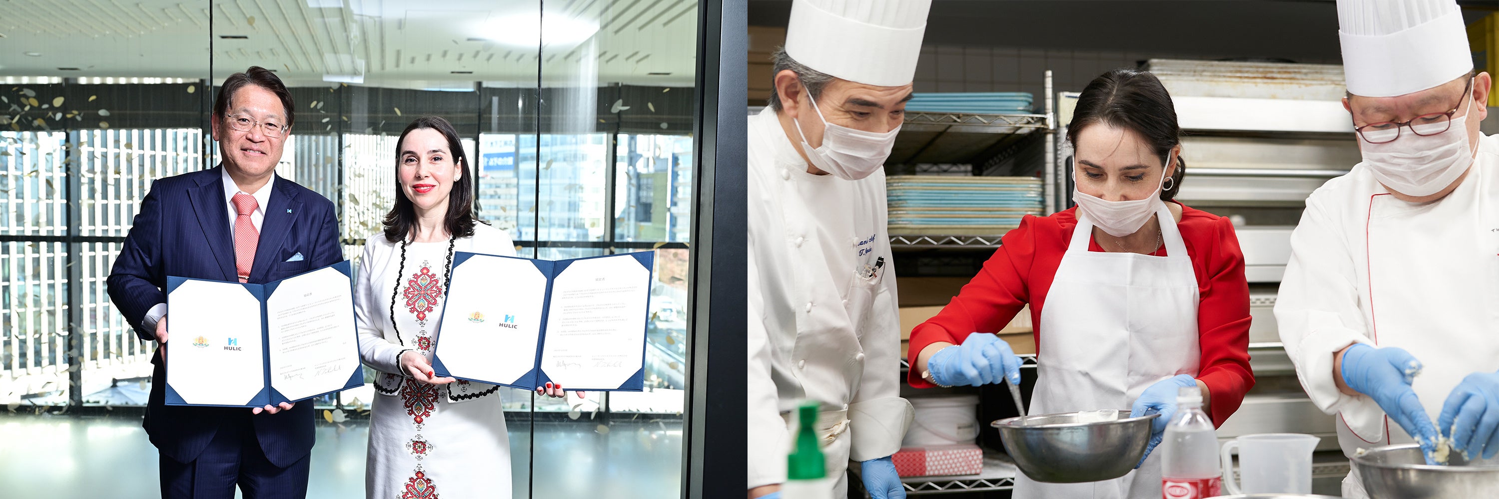 左：代表取締役社長 髙橋 則孝と駐日ブルガリア共和国特命全権大使マリエタ・アラバジエヴァ大使 右：マリエタ・アラバジエヴァ大使による料理指導