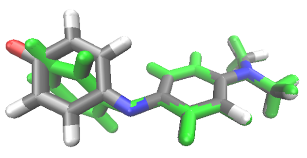 図1. フェノールブルー色素のFC構造(H,C,N,O原子を白,灰,青,赤色で記載)とCI構造(緑色で記載)