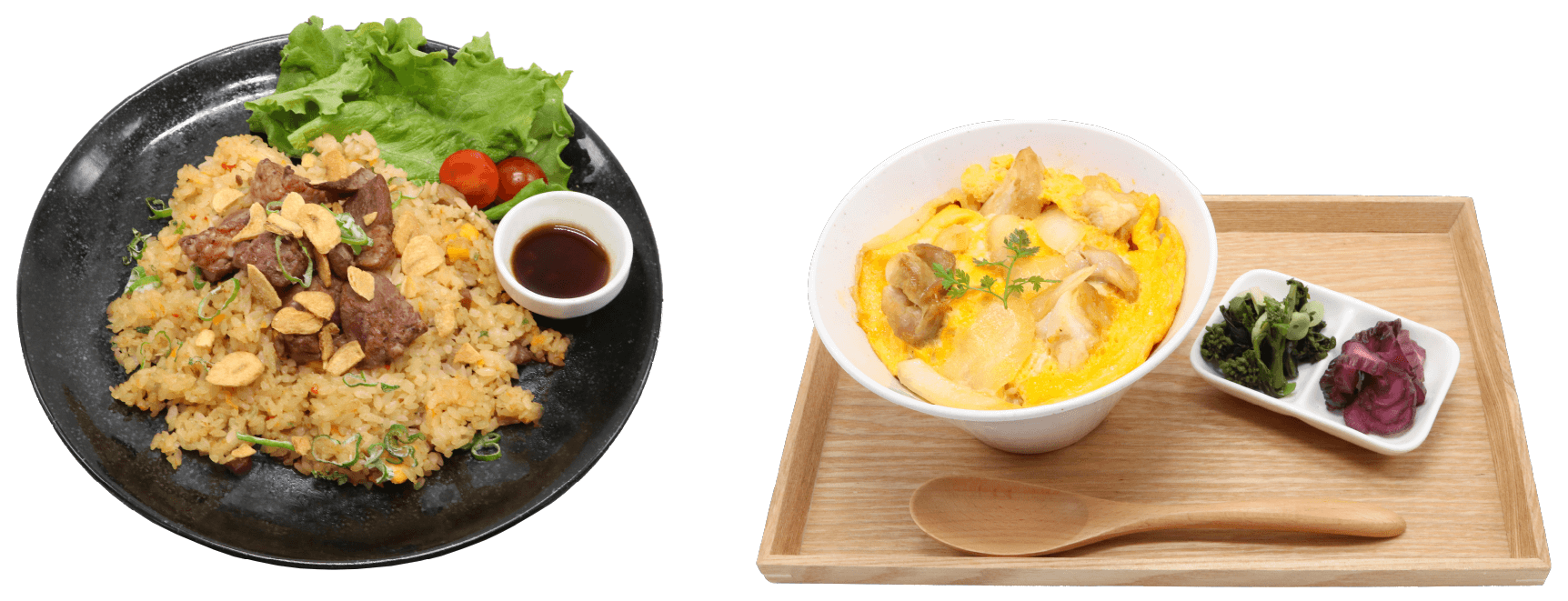  ハクのガッツリ焼き飯（左）・キジャの好物卵とじ丼（右）　©草凪みずほ／白泉社